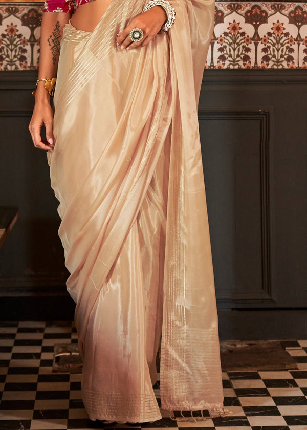 Classic Cream Banarasi Soft Satin Silk Saree