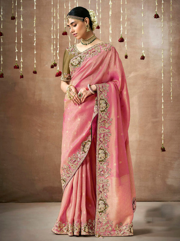 Classic Pink Bridal Zari Woven Pure Tissue Dola Silk Saree