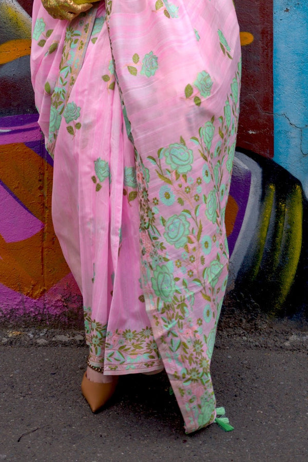 Classic Rose Pink Parsi Handloom Woven Silk Saree with Tassels
