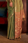 Classy Green Tussar Silk Saree With Ikkat Pallu and Contrast Blouse