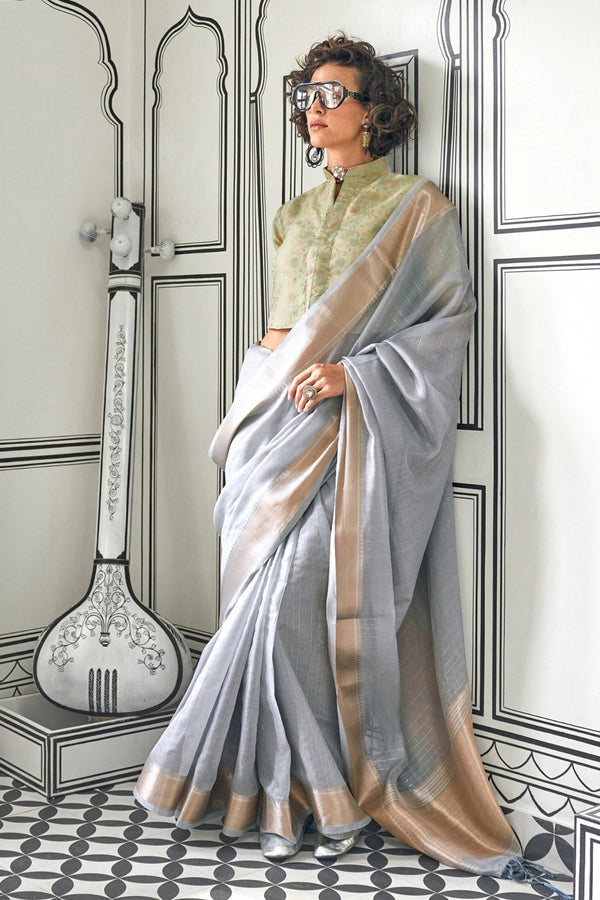 Cloud Grey Chiffon Handloom Saree