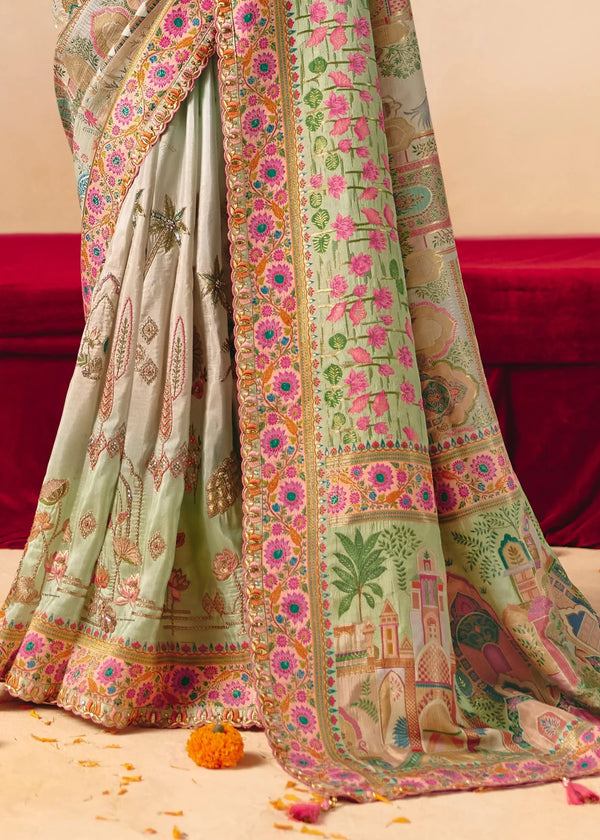 Cool Ice Mint Green Pichwai Designer Dola Silk Saree