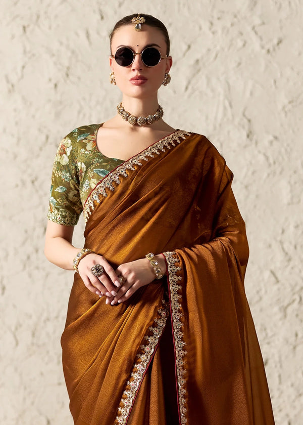 Copper Brown Designer Organza Saree with Olive Green Contrast Blouse