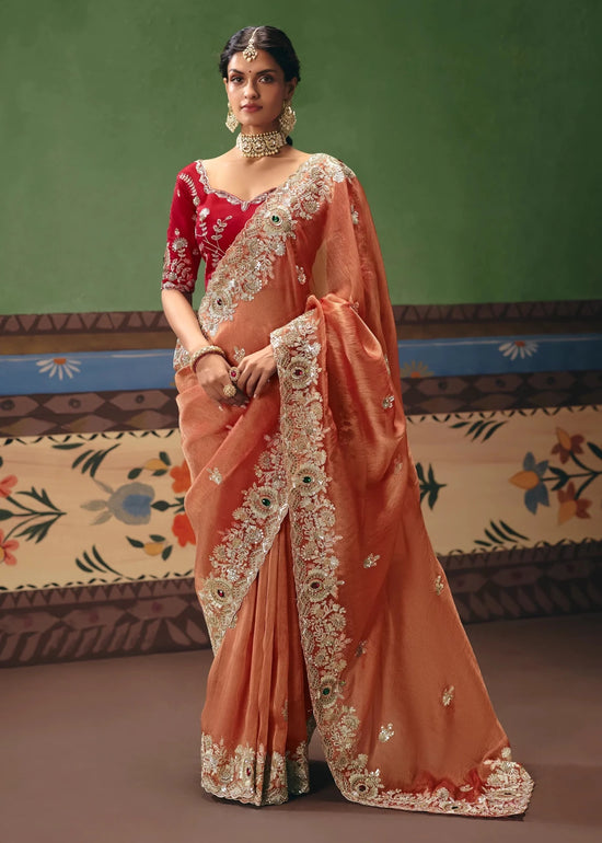 Copper Peach Tissue Silk Saree with Red Contrast Blouse