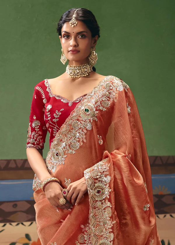 Copper Peach Tissue Silk Saree with Red Contrast Blouse