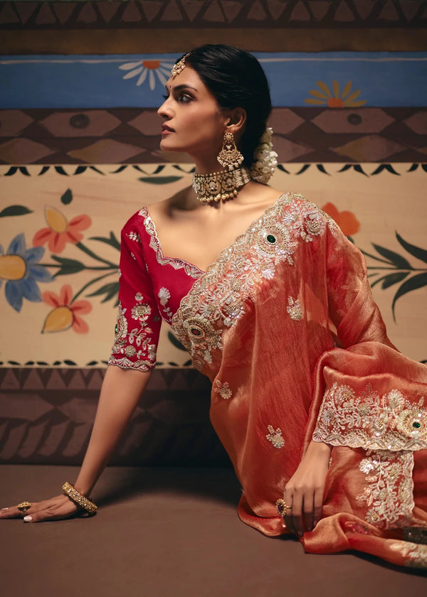 Copper Peach Tissue Silk Saree with Red Contrast Blouse