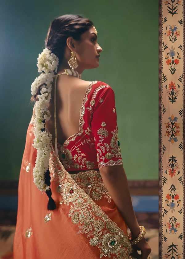 Copper Peach Tissue Silk Saree with Red Contrast Blouse