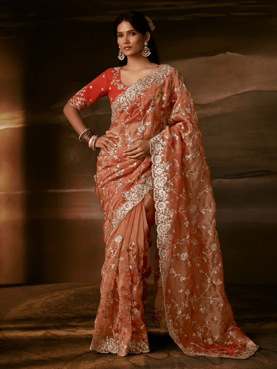 Coral Peach Embroidered Designer Organza Silk Saree