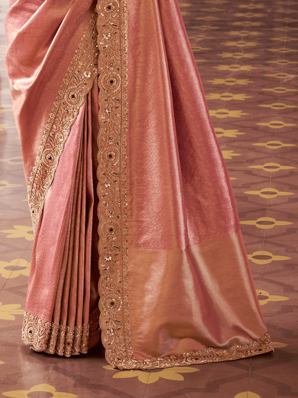 Coral Pink Banarasi Tissue Silk Saree