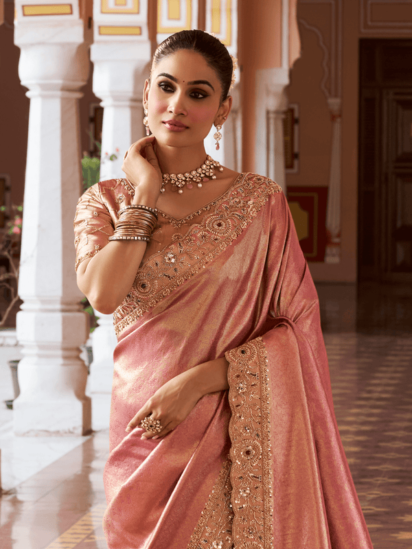Coral Pink Banarasi Tissue Silk Saree
