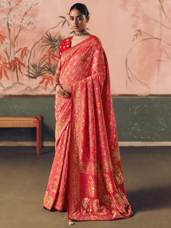 Coral Pink Bandhani Patola Silk Saree