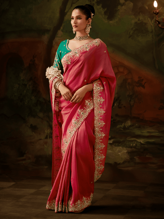 Coral Pink Embroidered Designer Tissue Silk Saree With Contrast Blouse
