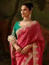 Coral Pink Embroidered Designer Tissue Silk Saree With Contrast Blouse