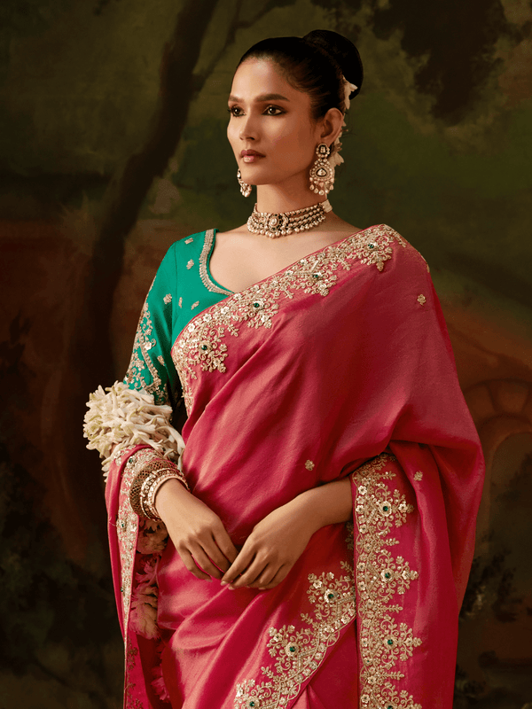 Coral Pink Embroidered Designer Tissue Silk Saree With Contrast Blouse