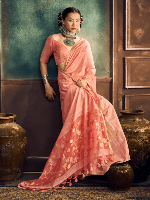 Coral Pink Handloom Jamdani Slub Cotton Saree