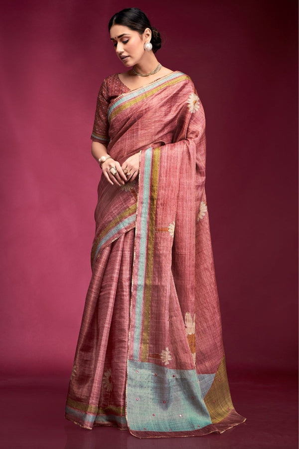 Coral Pink Woven Tussar Silk Saree