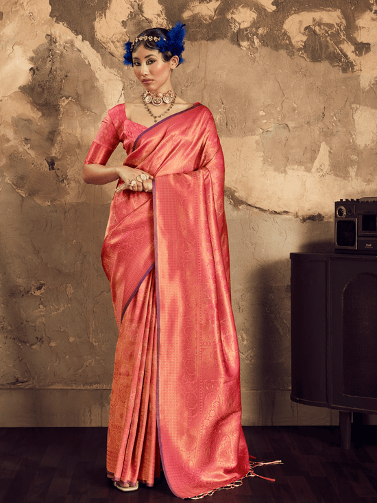 Coral Red Banarasi Soft Silk Saree