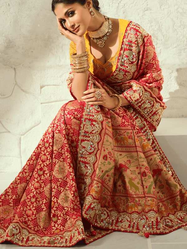 Coral Red Bandhani Banarasi Georgette Saree With Contrast Blouse
