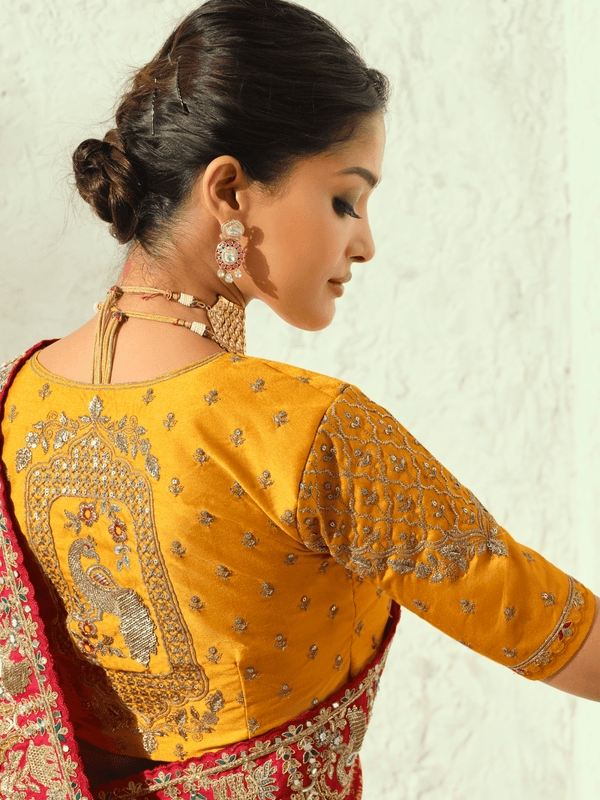 Coral Red Bandhani Banarasi Georgette Saree With Contrast Blouse