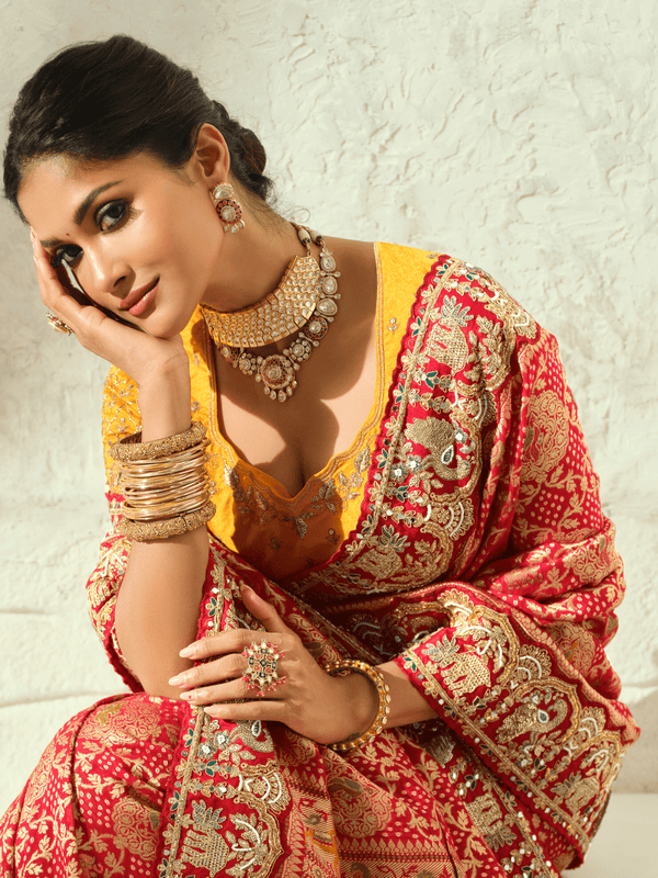 Coral Red Bandhani Banarasi Georgette Saree With Contrast Blouse