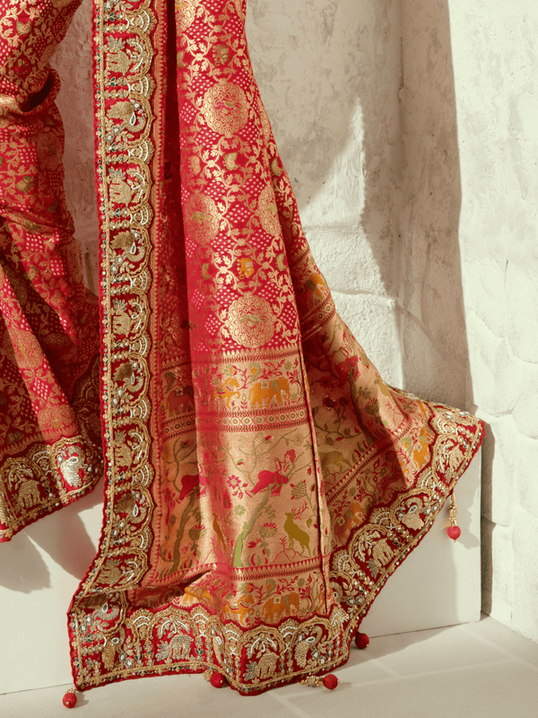 Coral Red Bandhani Banarasi Georgette Saree With Contrast Blouse