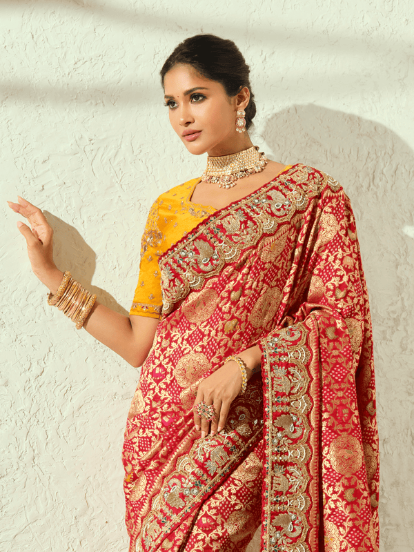 Coral Red Bandhani Banarasi Georgette Saree With Contrast Blouse