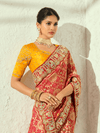 Coral Red Bandhani Banarasi Georgette Saree With Contrast Blouse