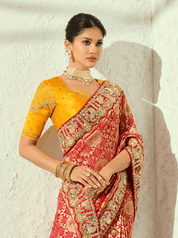 Coral Red Bandhani Banarasi Georgette Saree With Contrast Blouse