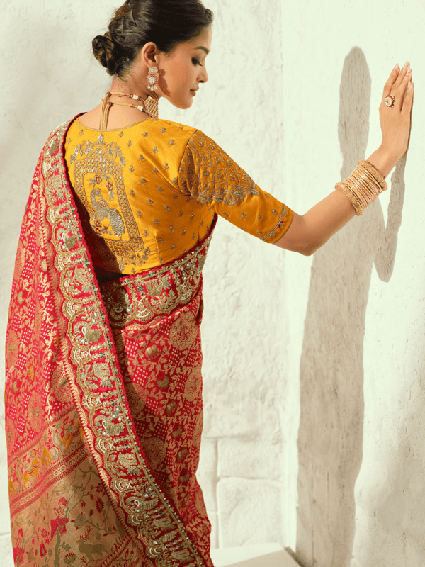 Coral Red Bandhani Banarasi Georgette Saree With Contrast Blouse