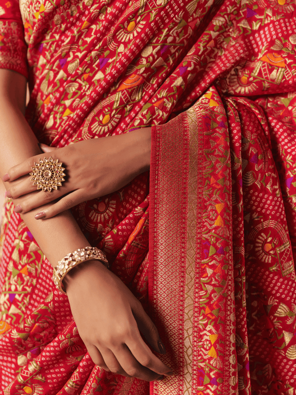 Coral Red Bandhani Patola Silk Saree