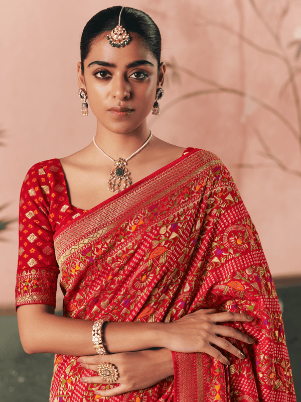 Coral Red Bandhani Patola Silk Saree
