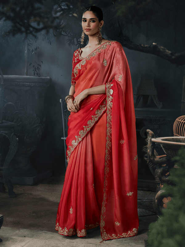 Coral Red Embroidered Designer Satin Silk Saree