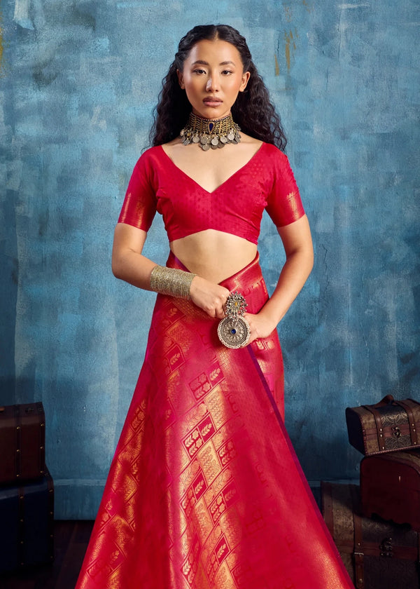 Coral Red Kanjivaram Silk Saree