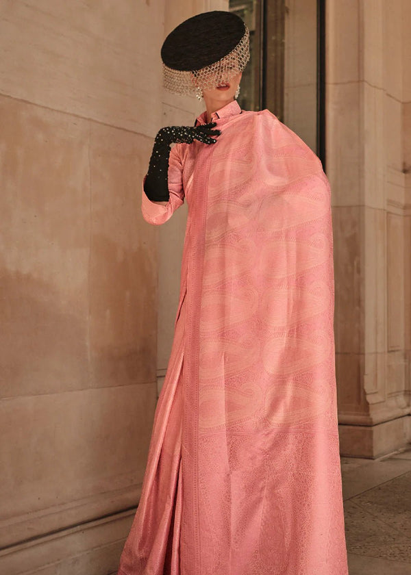 Crayola Peach Woven Pure Satin Handloom Weaving Silk Saree