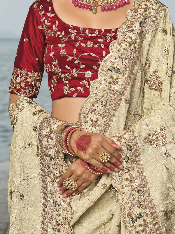 Cream Banarasi Silk Saree With Heavy Work