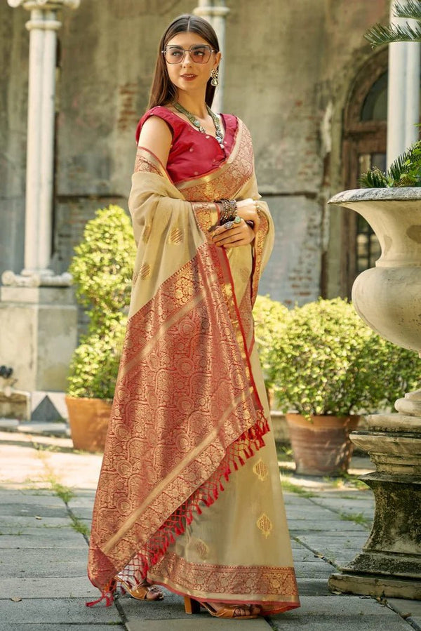 Cream Banarasi Tissue Silk Saree