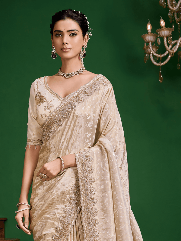 Cream Banarasi Tissue Silk Saree
