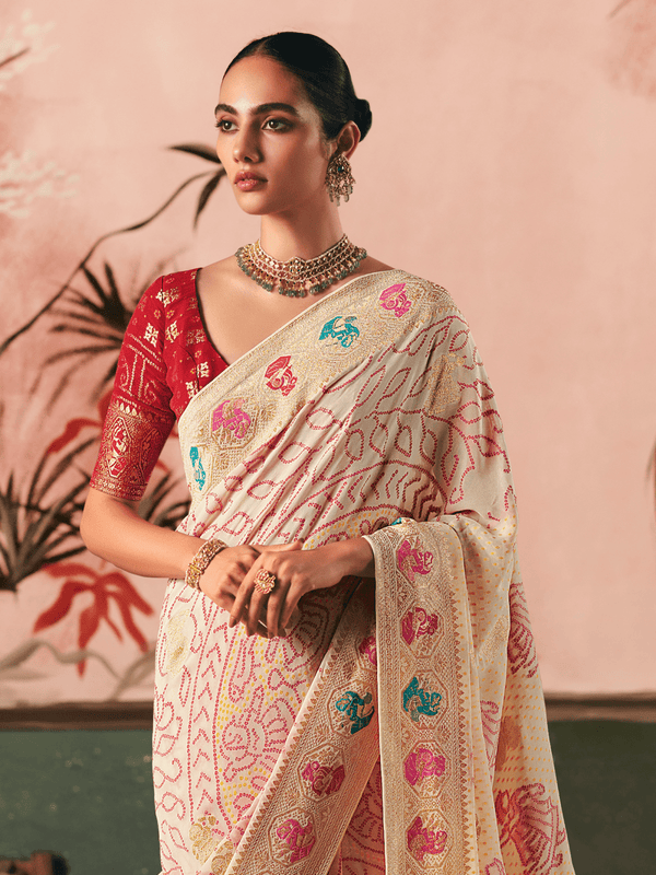 Cream Bandhani Patola Silk Saree