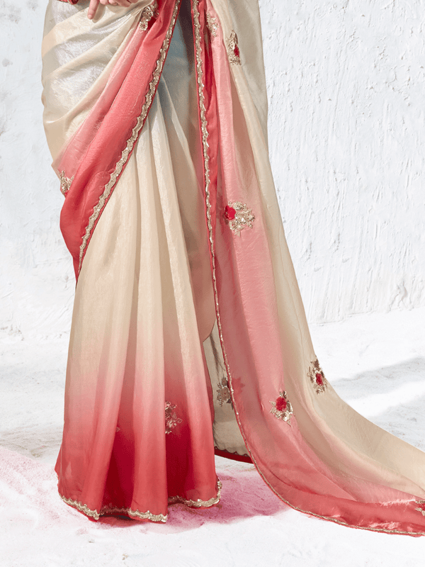 Cream Embroidered Designer Organza Silk Saree With Contrast Blouse