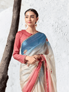 Cream Embroidered Designer Organza Silk Saree With Contrast Blouse