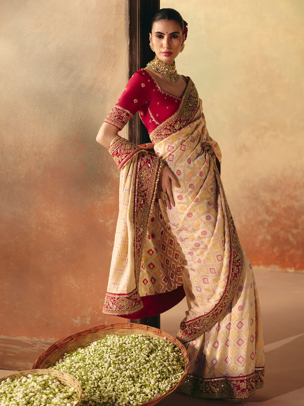 Cream Gold Bandhani Banarasi Georgette Saree With Contrast Blouse
