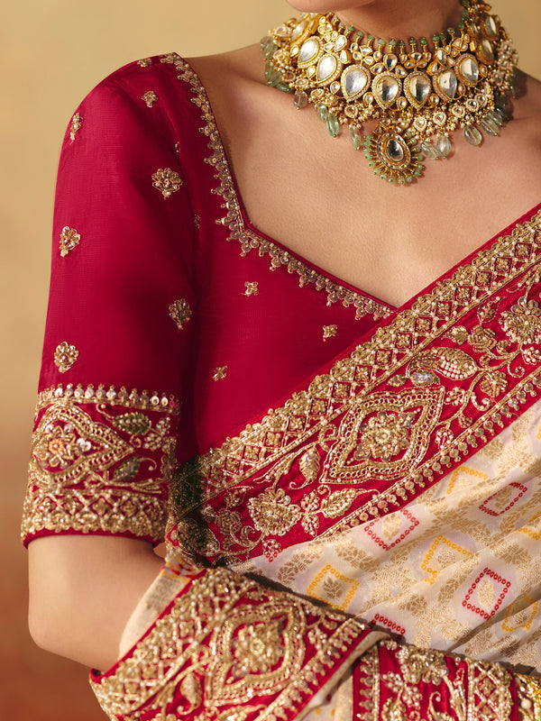 Cream Gold Bandhani Banarasi Georgette Saree, contrast blouse close-up