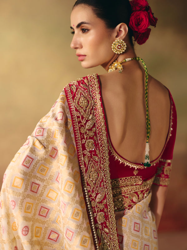 Cream Gold Bandhani Banarasi Georgette Saree, back view
