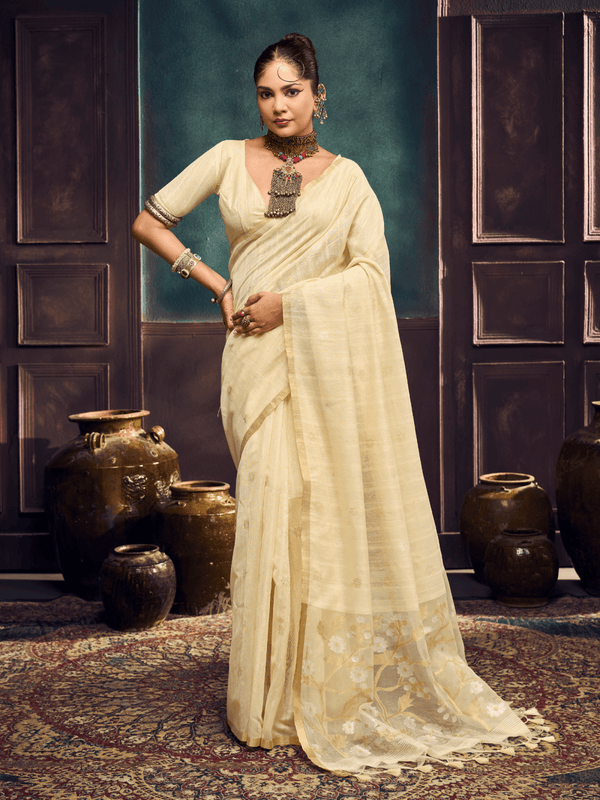 Cream Handloom Jamdani Slub Cotton Saree