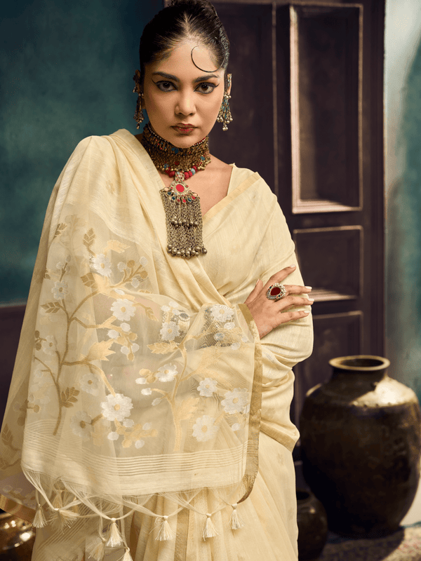 Cream Handloom Jamdani Slub Cotton Saree