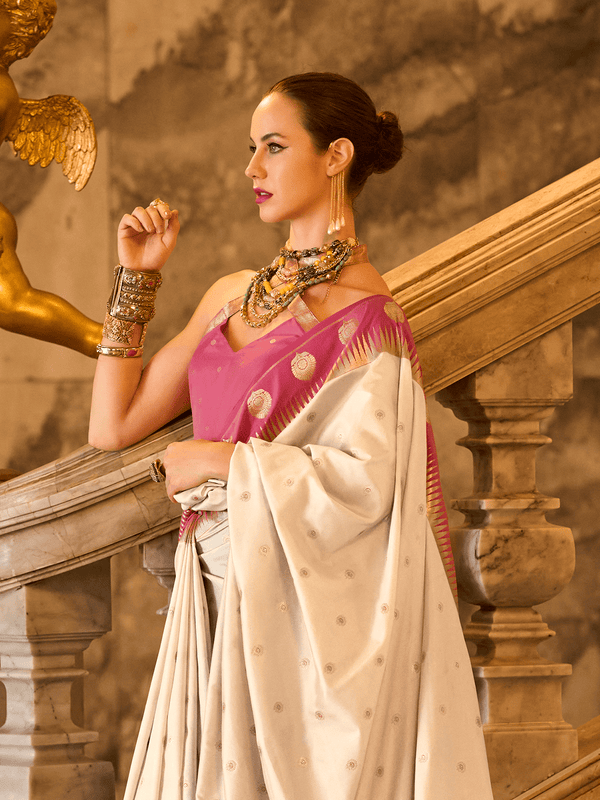 Cream Kanjivaram Saree With Contrast Blouse