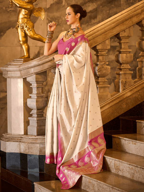 Cream Kanjivaram Saree With Contrast Blouse