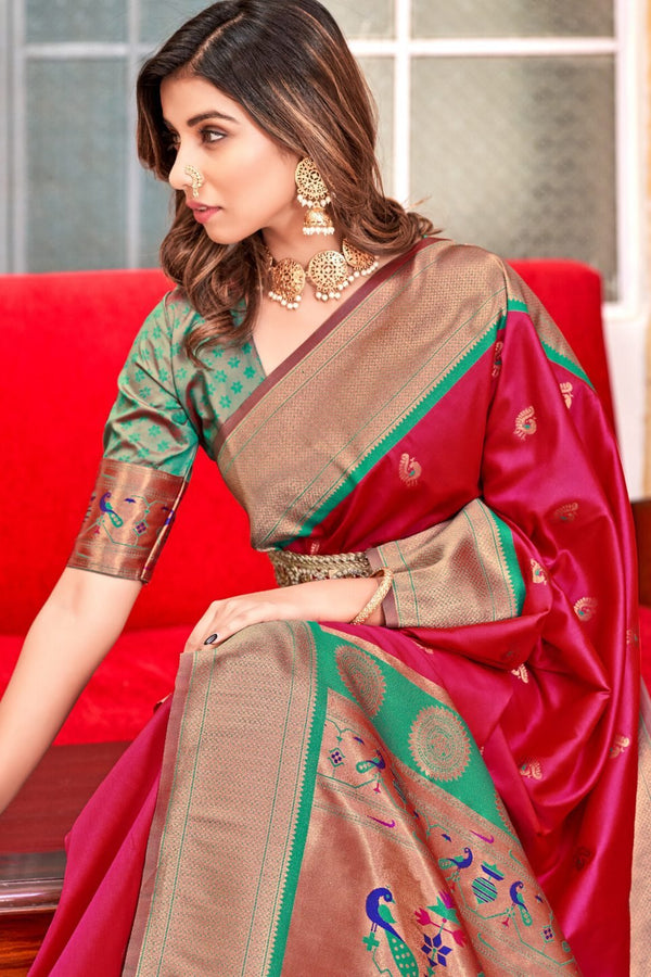 Crimson Pink Woven Soft Peshwai Paithani Silk Saree