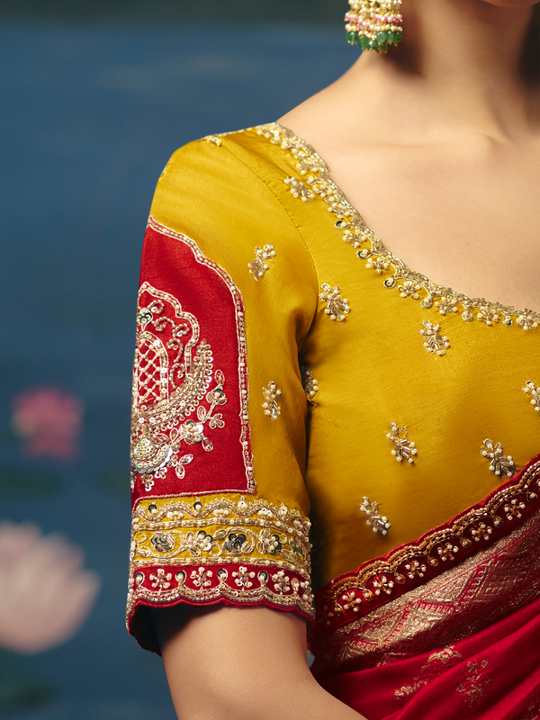Crimson Red Banarasi Dola Silk Saree, contrast blouse close-up