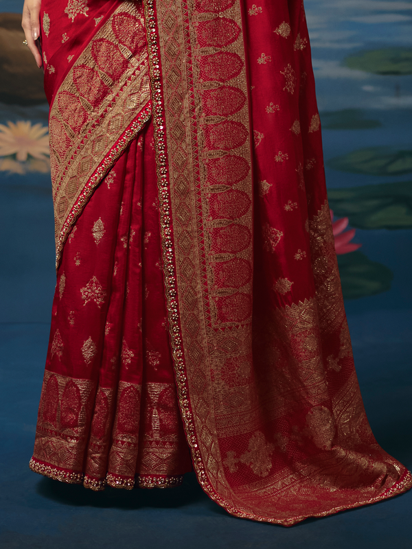 Crimson Red Banarasi Dola Silk Saree, border and drape